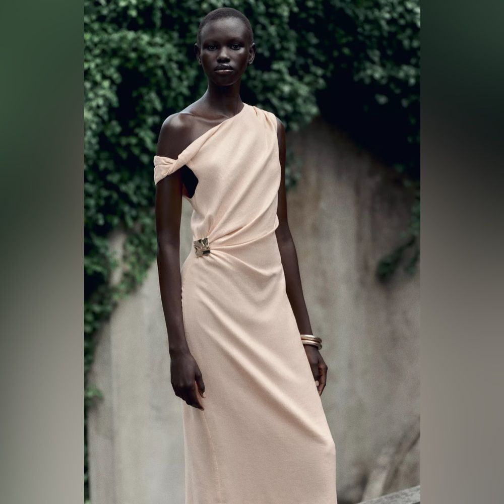 ZARA ASYMMETRIC LINEN-BLEND MIDI DRESS WITH APPLIQUÉ - Picture 2 of 10